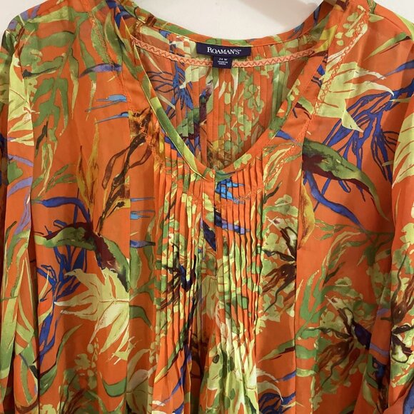 ROAMAN'S Chiffon Pleated Top Women's 24W Colorful Abstract Roll Tab Sleeves - Picture 2 of 11